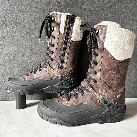 Merrell Aurora Tall Ice+ Brown Leather Winter Boots Waterproof - Women's Size 9 - Picture 1 of 7